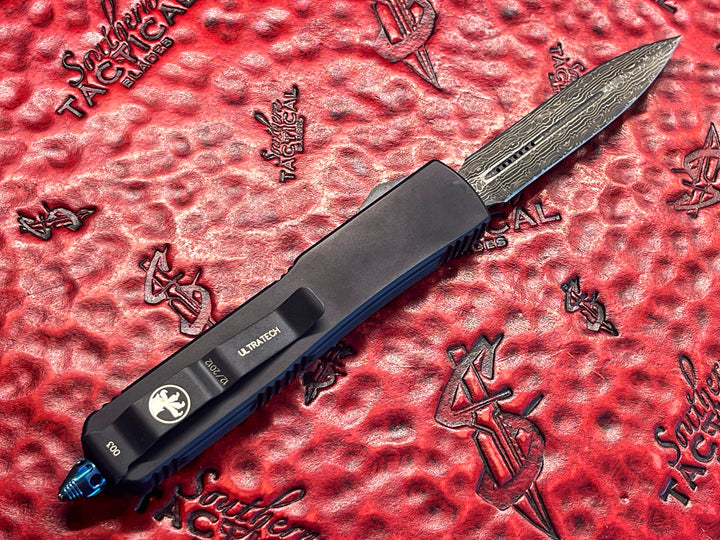 Microtech Ultratech D/E OTF, Double Edge Damascus, Carbon Fiber Top, Blue Titanium Accents, “Flat Body” serial #003