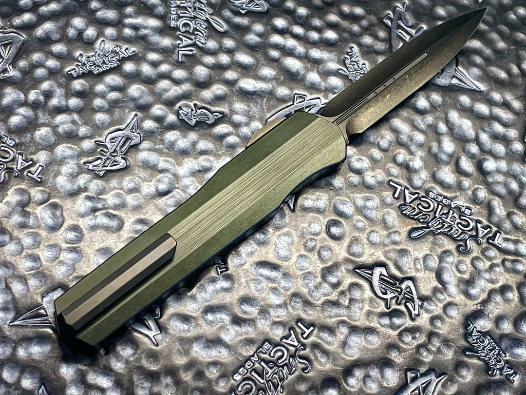 Marfione Custom Cypher, Double Edge Stonewash DLC, Hefted OD Green Anodized Alloy, DLC accents, Double Action OTF Knife