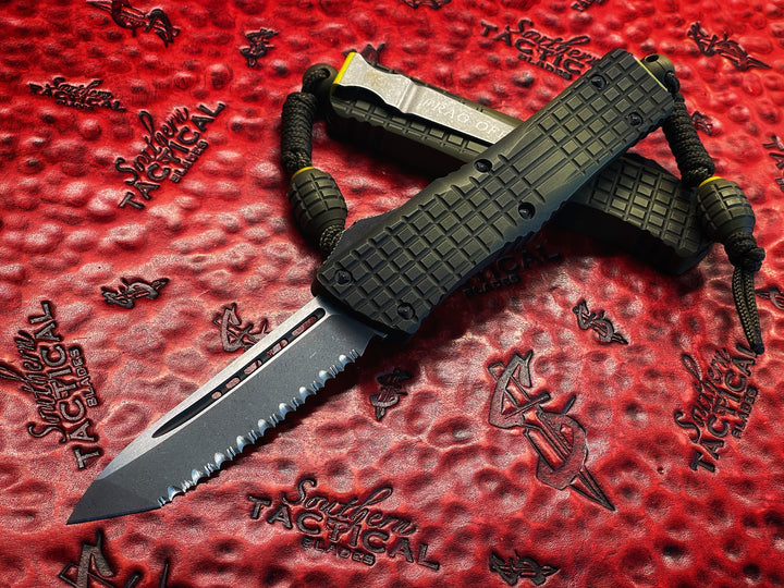 Microtech Combat Troodon Tanto Full Serrated Apocalyptic “Frag Off” Grenade Green