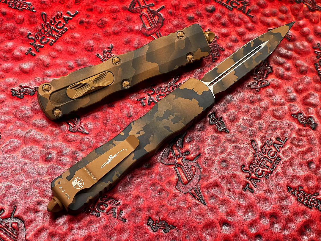 Microtech Dirac Delta Double Edge Cerakote Coyote Camo Full Serrated Signature Series