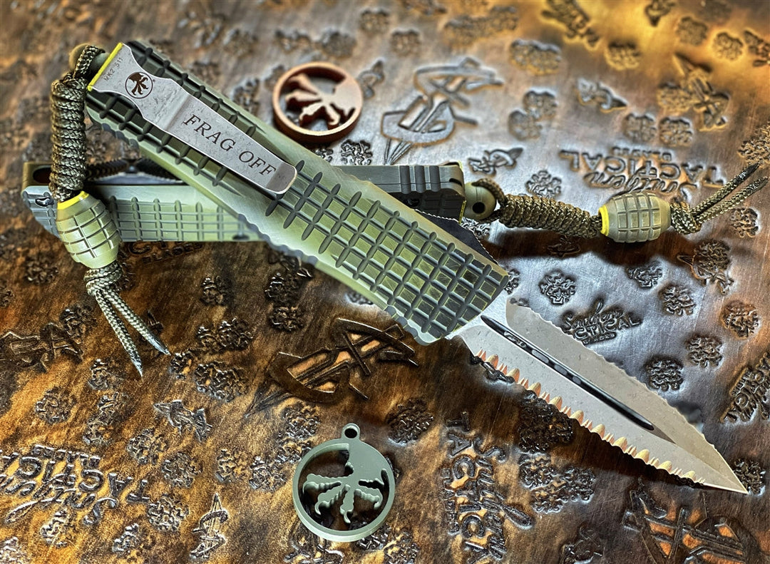 Microtech Combat Troodon “Frag Off” Double Reverse Full Serrated Apocalyptic Grenade Green (PRE-OWNED)