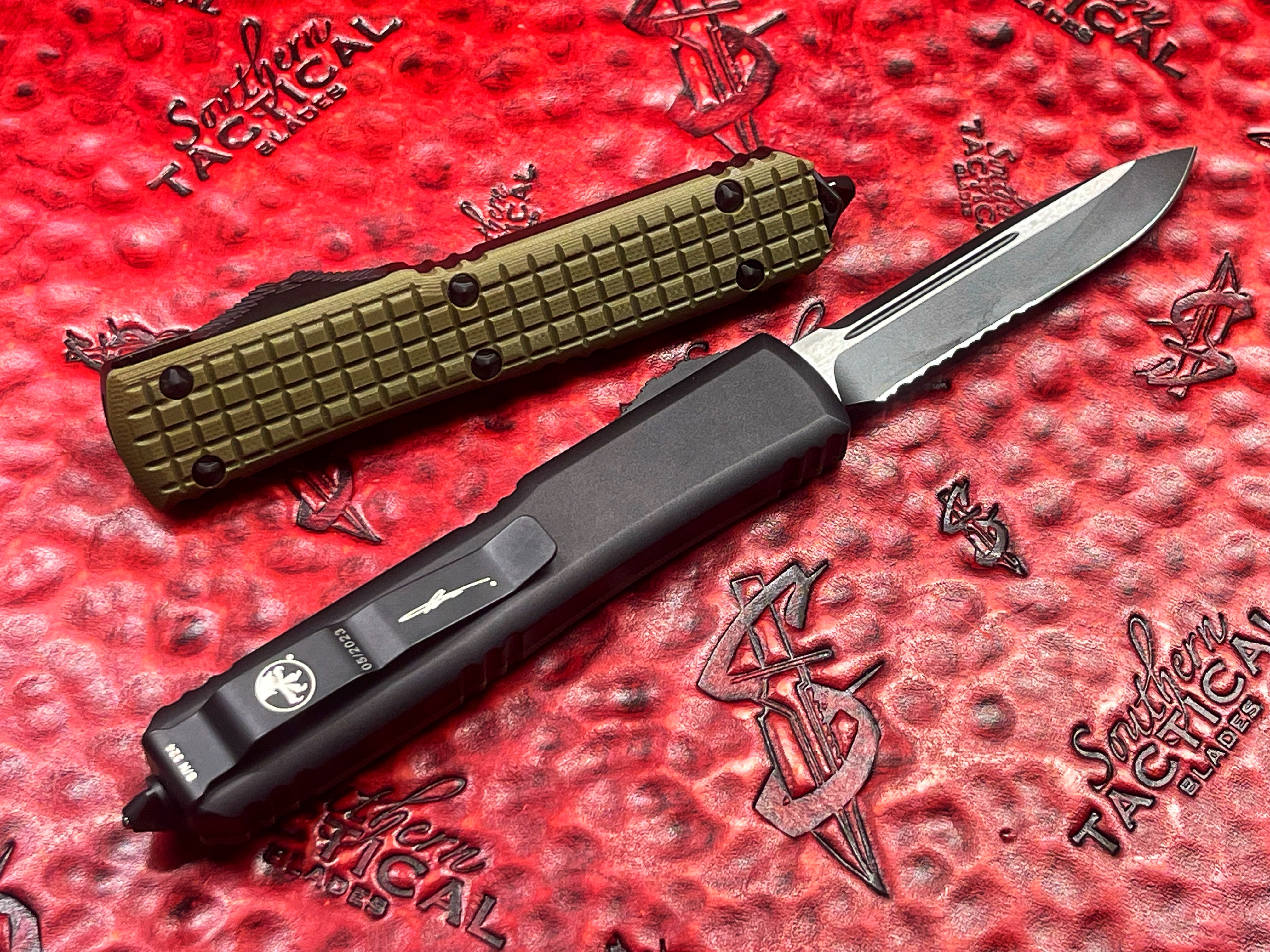 Microtech Ultratech OTF Automatic Knife Single Edge Part Serrated OD Green Frag G10 Top Signature Series