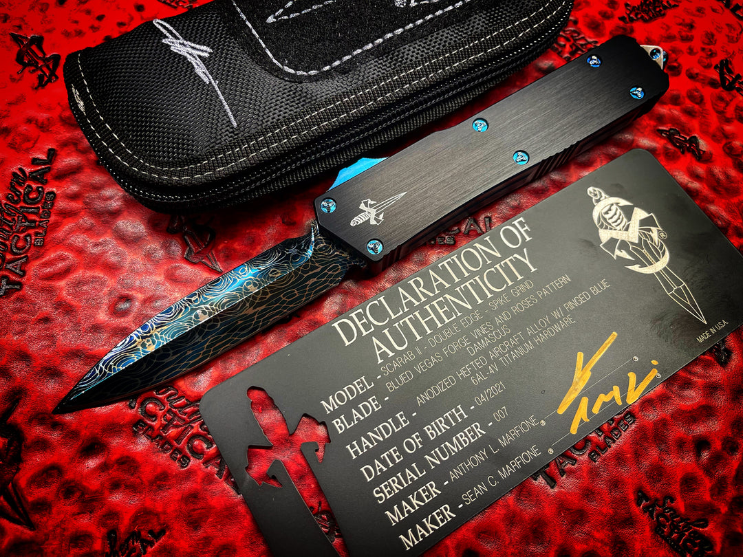 Marfione Custom Knives Scarab II Double Edge, Spike Grind, Blued Vegas Forge Vines and Roses Damascus, Hefted Aluminum w/ Blue Ringed Titanium Accents