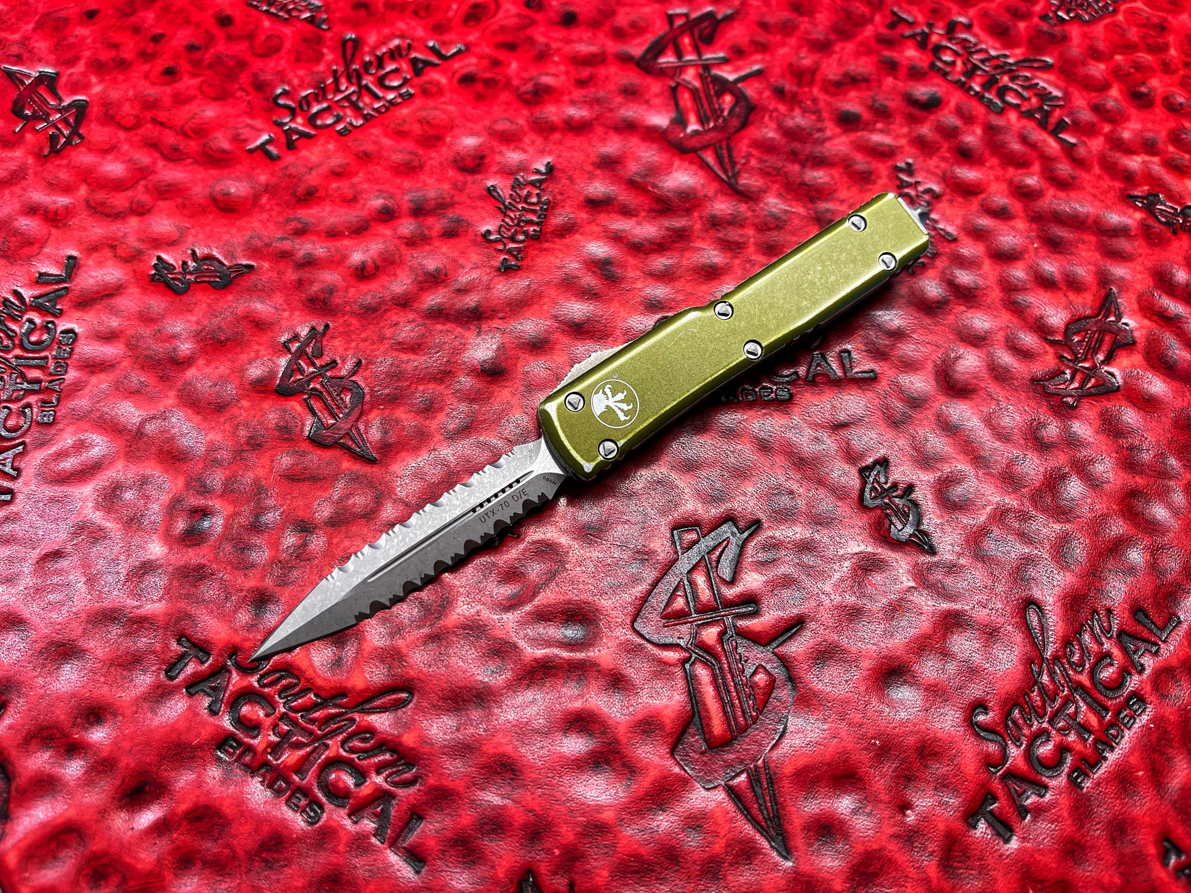 Microtech UTX-70 Double Full Serrated Apocalyptic Distressed OD Green