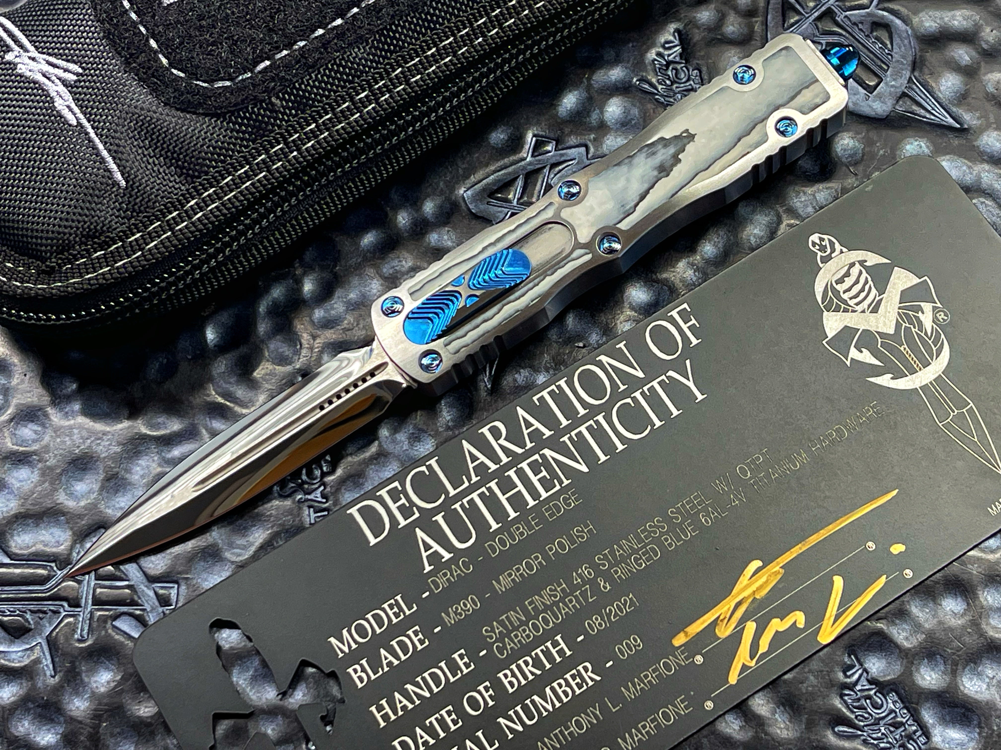 Marfione Custom Knives Dirac Double Edge, Mirror Polished, Satin Finish 416 Stainless Steel w/ QTPT Carboquartz Inlay, Blue Ringed Titanium Hardware