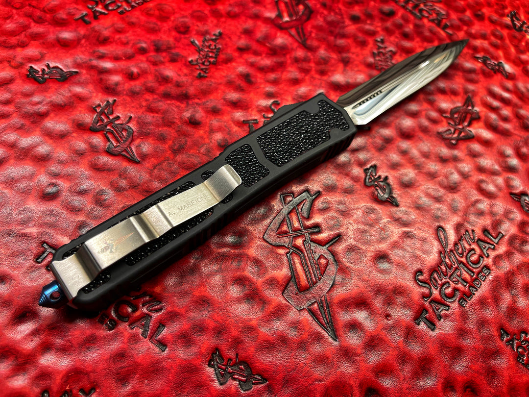 Marfione Custom Makora Double Edge OTF Knife, StingRay Inlays, High Polished with Blued Titanium Hardware