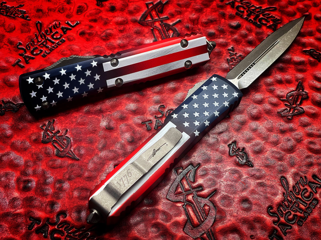Microtech Ultratech Double Edge Full Serrated Apocalyptic USA Flag Signature Series