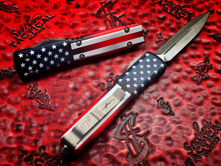 Microtech Ultratech Double Edge Full Serrated Apocalyptic USA Flag Signature Series