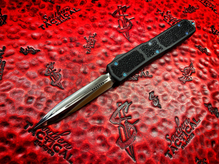 Marfione Custom Makora Double Edge OTF Knife, StingRay Inlays, High Polished with Blued Titanium Hardware