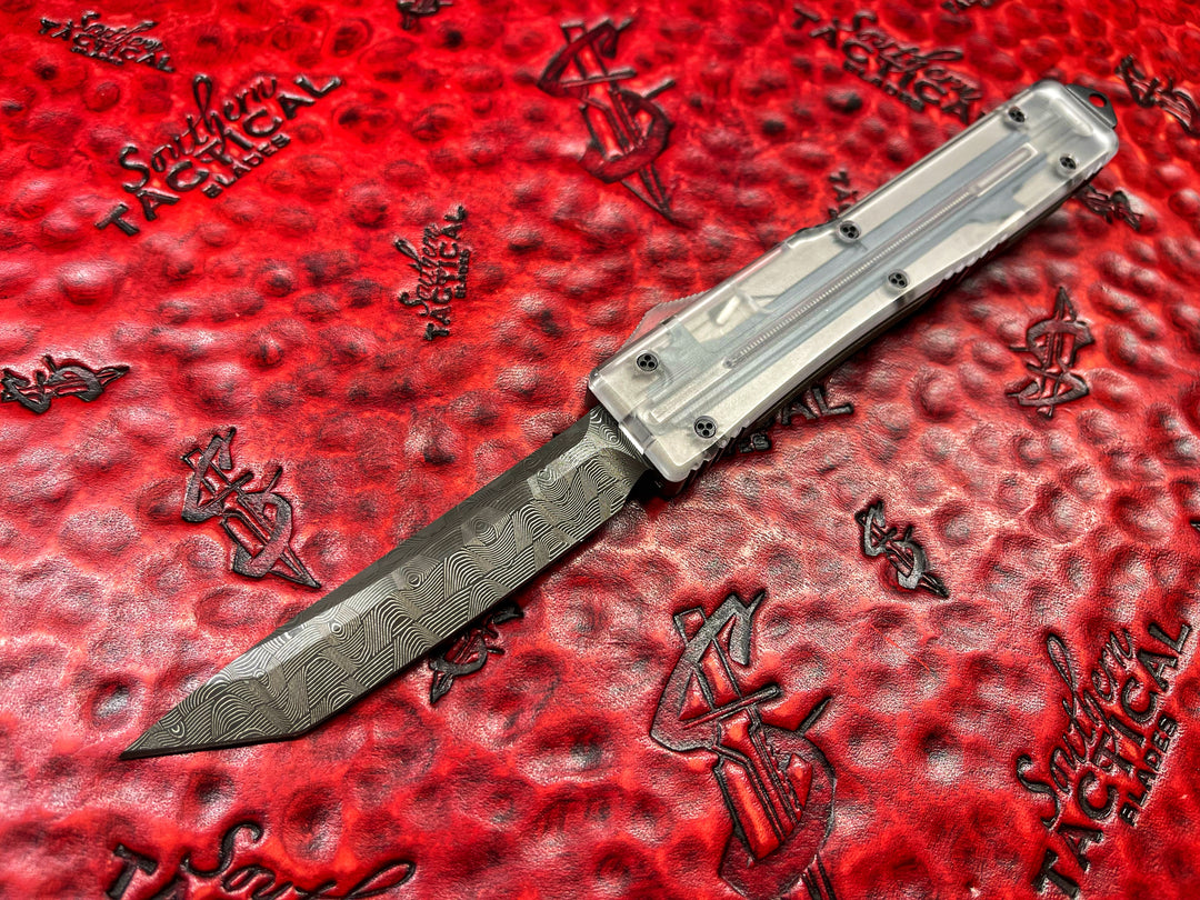 Microtech Ultratech Tanto Clear Top, Clear Button, Devin Thomas Damascus