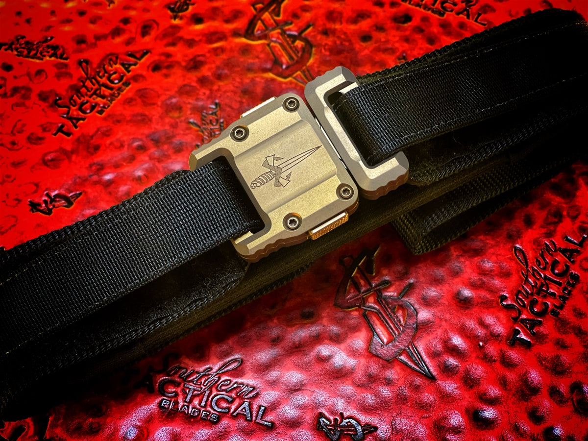 Marfione Custom Knives APIS Leather Belt @ SRKT Distressed Dark Brown Water  Buffalo Leather Bronze Titanium Buckle & Hardware