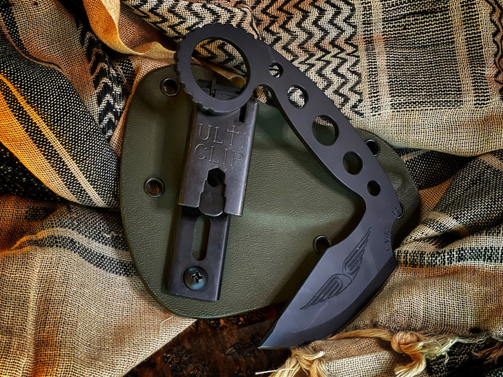Hawk Creek Armory E-VAC  Karambit Knife in Black Cerakote, OD Green Sheath