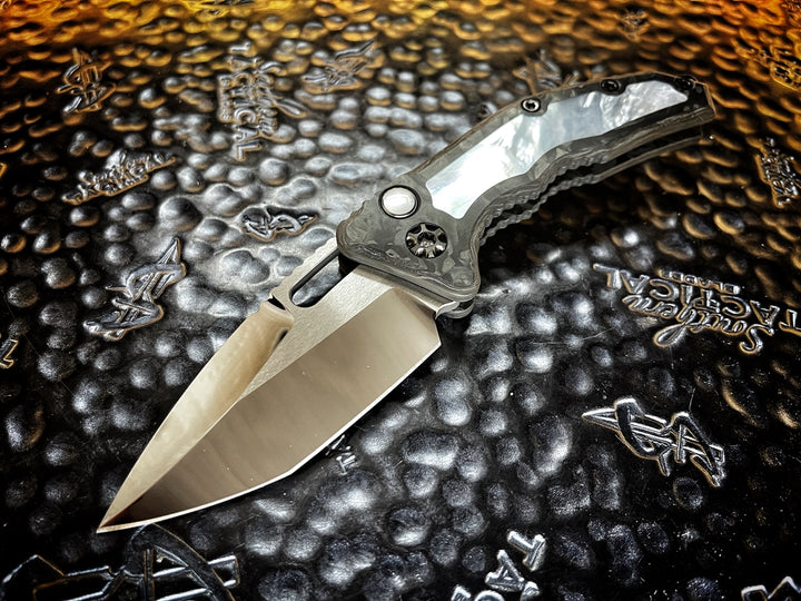 Heretic Knives Custom Medusa Auto Tanto Mirror Polished, Carbon Fiber w/ Mother of Pearl Inlays