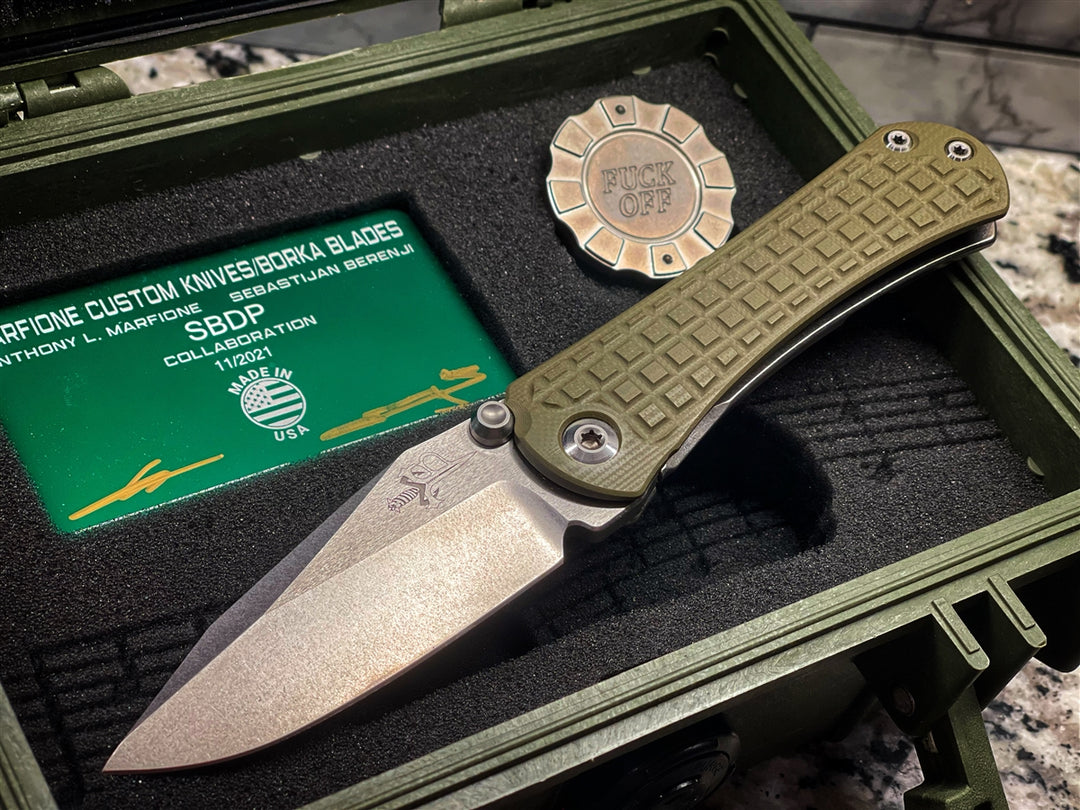 Marfione Custom Knives SBDP Borka Blades Collab - Stonewash with OD Green G10 Frag Pattern Collectors Set