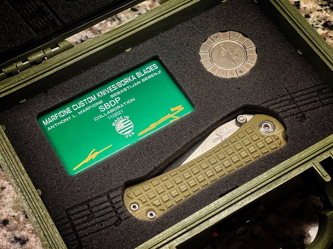 Marfione Custom Knives SBDP Borka Blades Collab - Stonewash with OD Green G10 Frag Pattern Collectors Set
