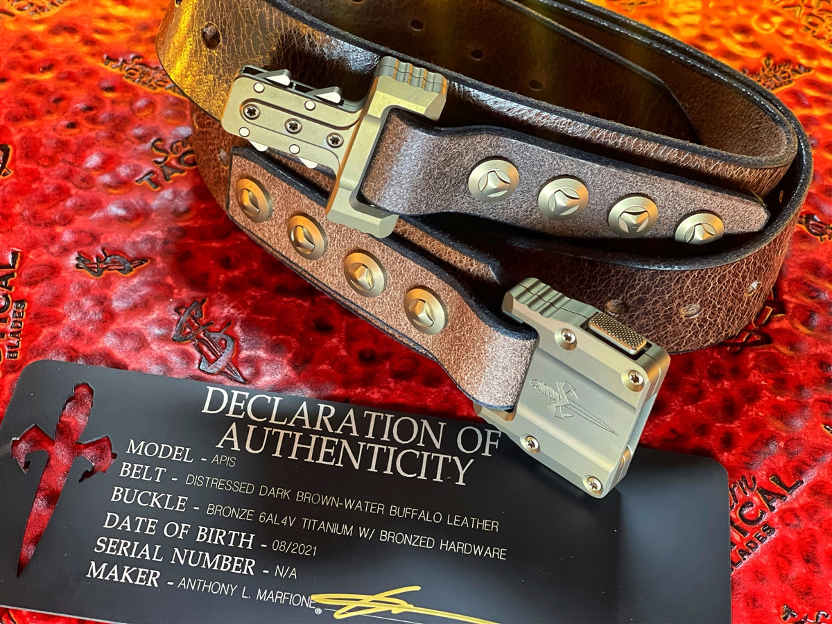 Marfione Custom Knives APIS Leather Belt @ SRKT Distressed Dark Brown Water  Buffalo Leather Bronze Titanium Buckle & Hardware