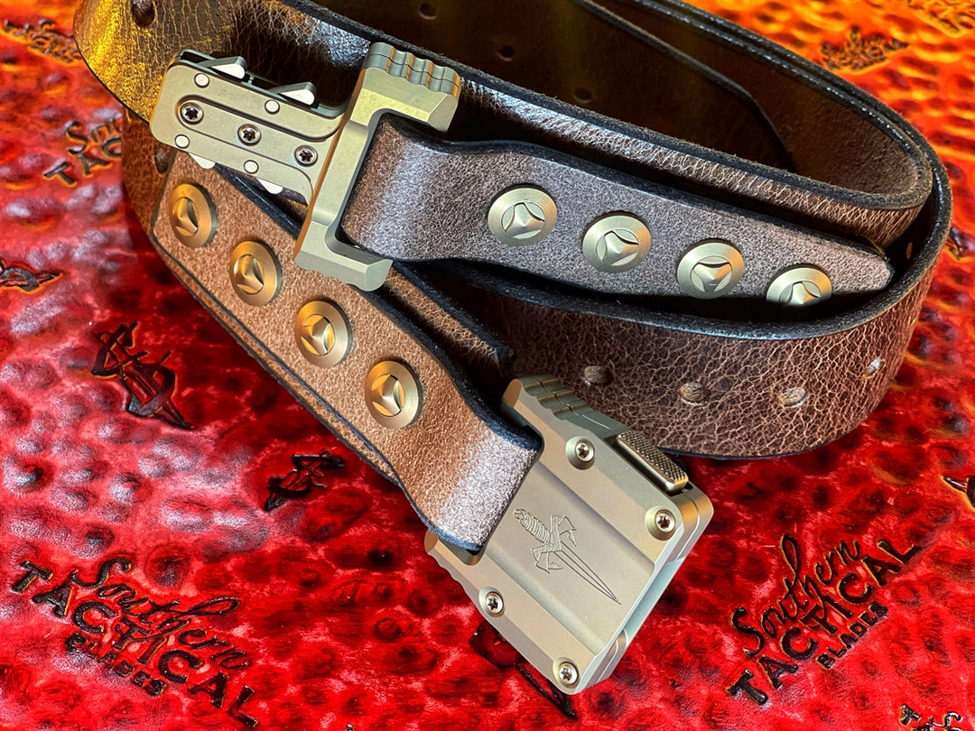 Marfione Custom APIS Leather Tactical Belt Bronzed Titanium Buckle and Hardware