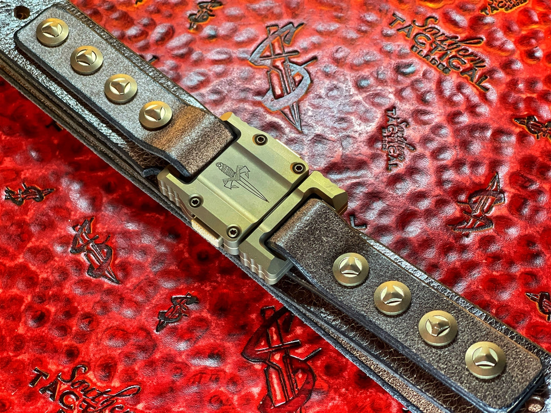 Marfione Custom APIS Leather Tactical Belt Bronzed Titanium Buckle and Hardware