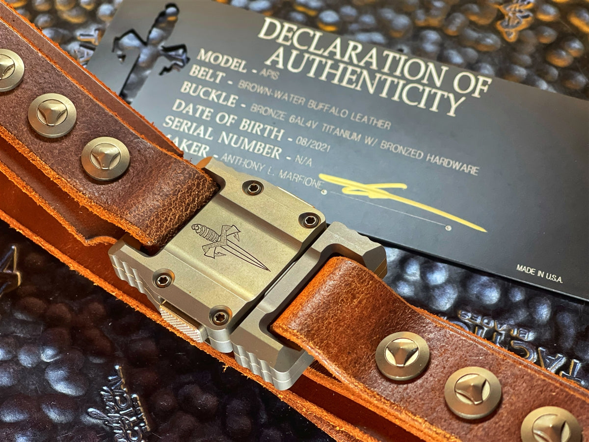 Marfione Custom Knives APIS Leather Belt @ SRKT Dark Brown Water Buffalo  Leather Bronze Titanium Buckle & Hardware