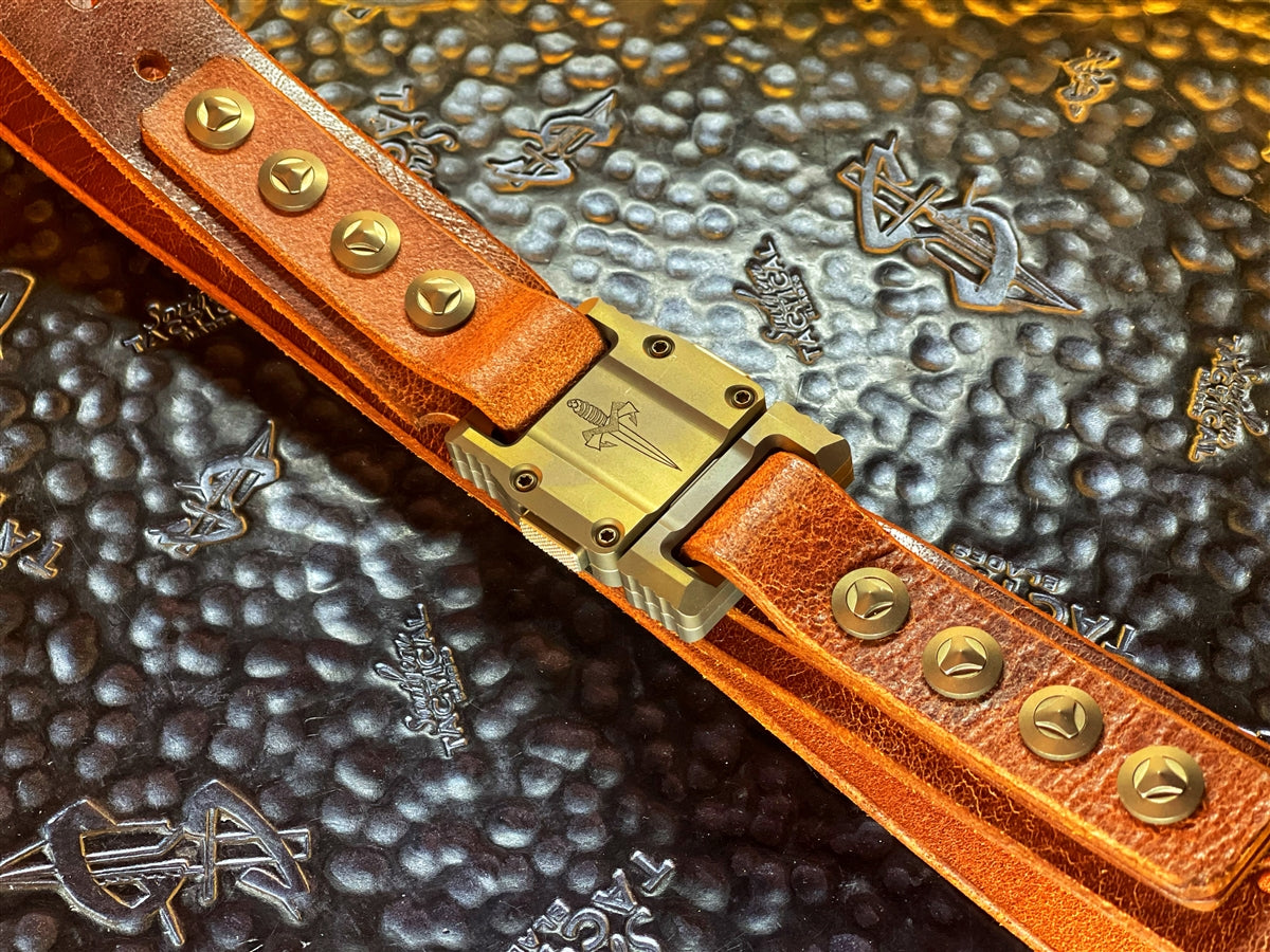 Marfione Custom Knives APIS Leather Belt @ SRKT Distressed Dark Brown Water  Buffalo Leather Bronze Titanium Buckle & Hardware