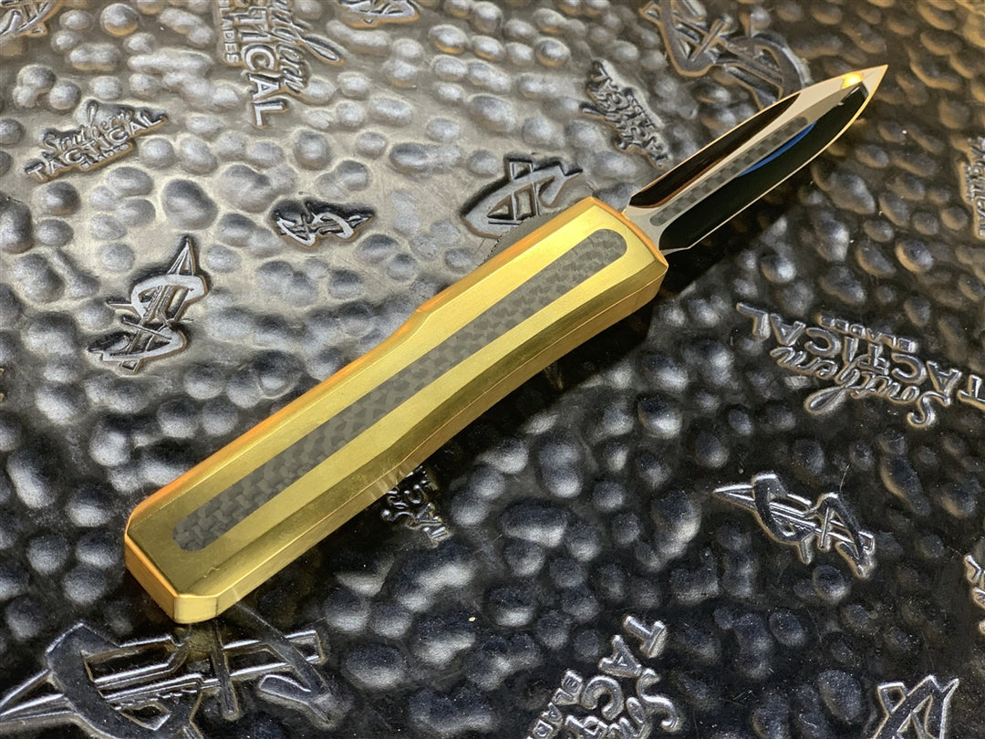Marfione Custom Ultratech OTF Double Edge Mirror Polished Blade, Carbon Fiber, Brass Chassis, Ringed Hardware