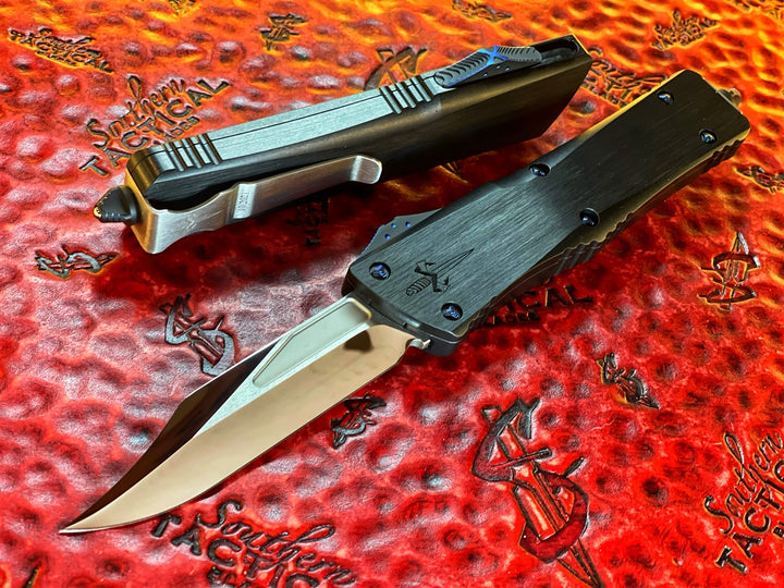 Marfione Custom Knives Combat Troodon Bowie Grind, Mirror Polished Blue Ringed Titanium