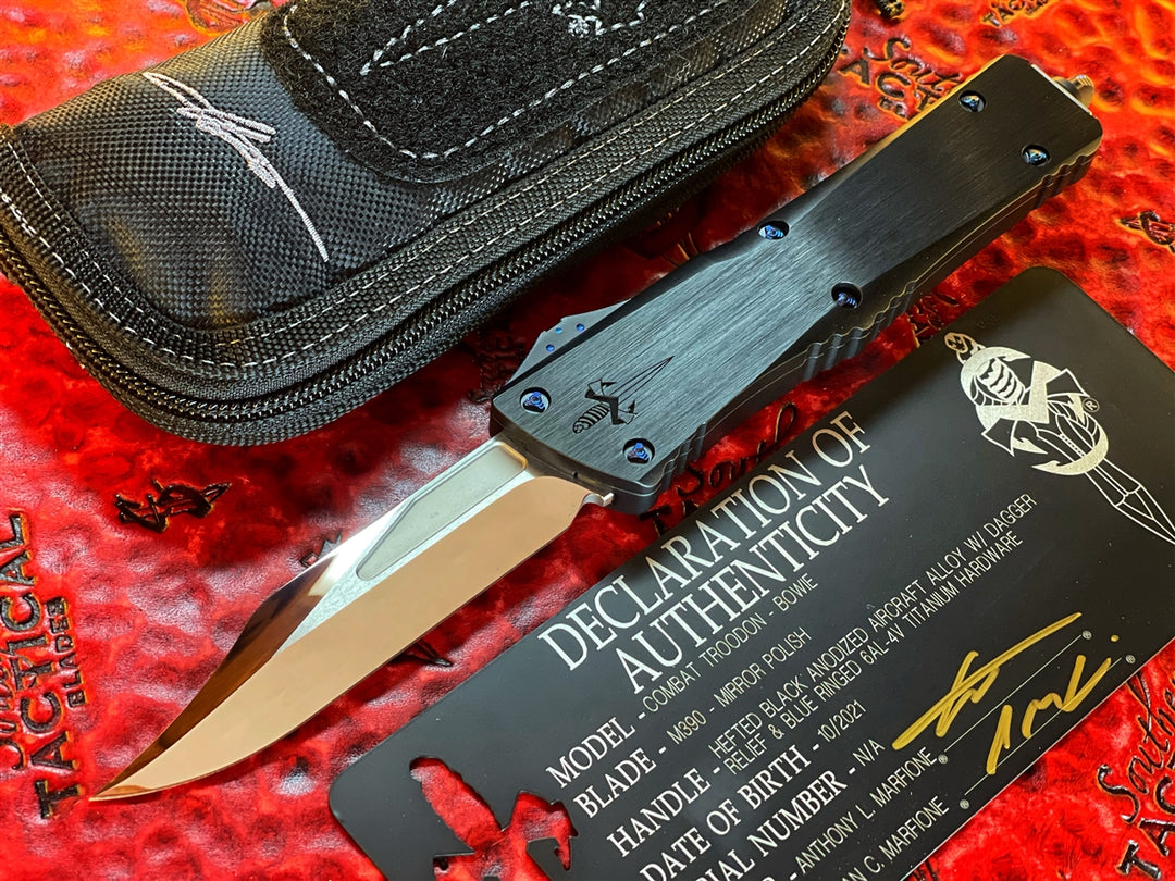 Marfione Custom Knives Combat Troodon Bowie Grind, Mirror Polished Blue Ringed Titanium