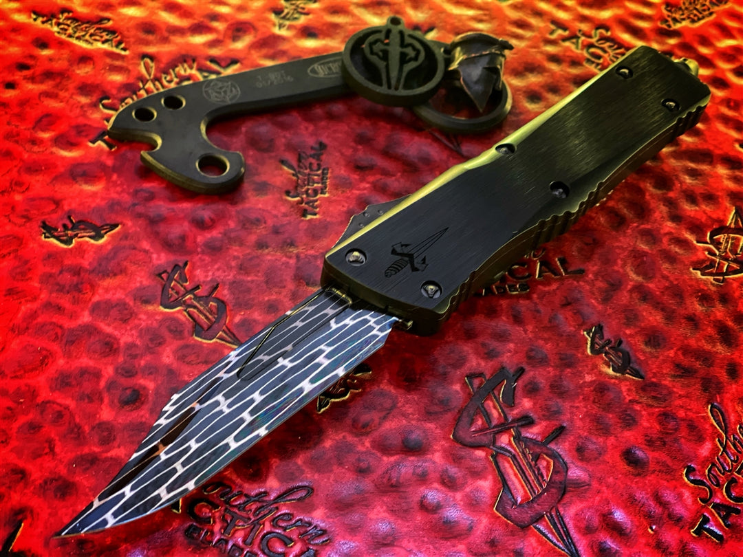 Marfione Custom Knives Combat Troodon Bowie, Hot Blued Vegas Forged Web Pattern Damascus, Hefted Black Aluminum w/ Dagger Relief, DLC Ringed Titanium Accents