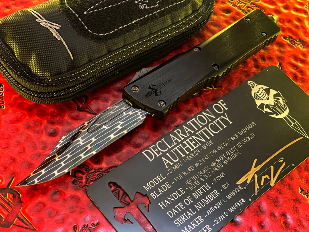 Marfione Custom Knives Combat Troodon Bowie, Hot Blued Vegas Forged Web Pattern Damascus, Hefted Black Aluminum w/ Dagger Relief, DLC Ringed Titanium Accents