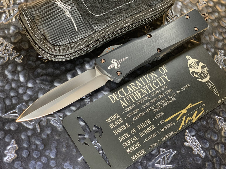 Marfione Custom Knives Combat Troodon Double Edge Spike Grind, Hand Rubbed Satin, Copper Ringed Accents