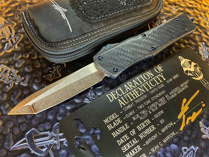 Marfione Custom Knives Combat Troodon Star Grind Tanto Edge, Two Tone Stonewashed, Blue Twill Carbon Fiber Top, Blue Ringed Titanium Accents
