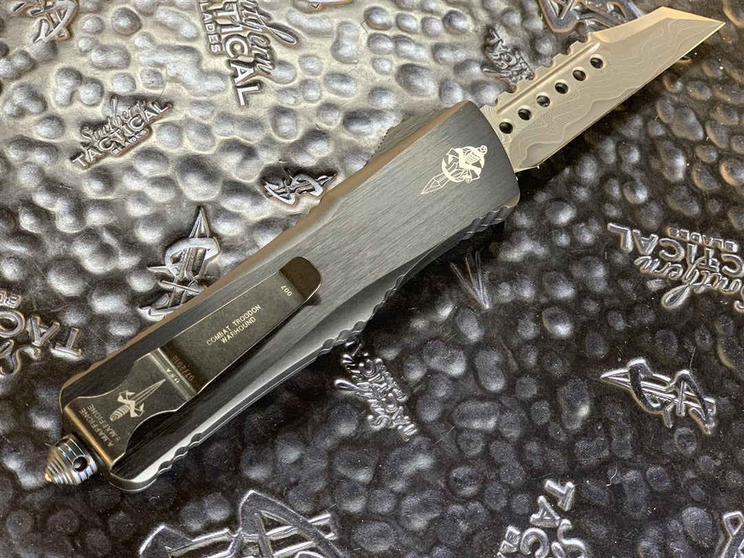 Marfione Custom Knives Combat Troodon Warhound Chad Nichols Damascus Blue Ringed Titanium Hardware