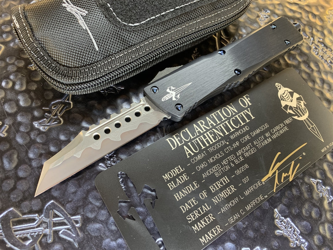Marfione Custom Knives Combat Troodon Warhound Chad Nichols Damascus Blue Ringed Titanium Hardware