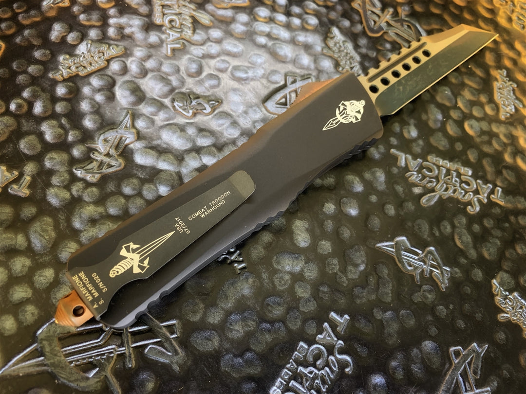 Marfione Custom Knives Combat Troodon Warhound, Two Tone Dark Matter, Copper Accents