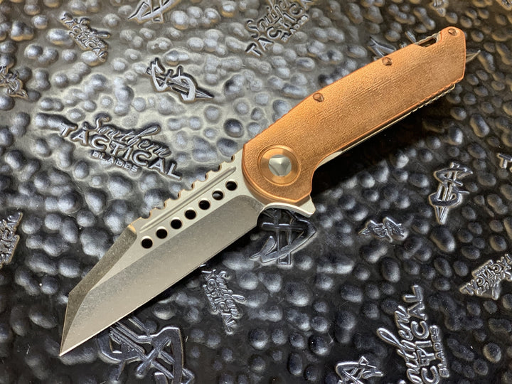 Marfione Custom Knives Warhound Flipper Stonewashed, Eggshell Finished Copper Apocalyptic Titanium and Copper Accents