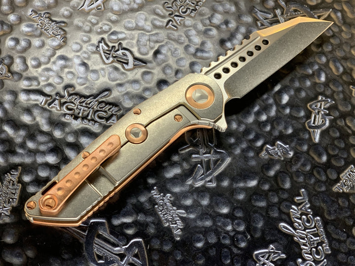 Marfione Custom Knives Warhound Flipper Stonewashed, Eggshell Finished Copper Apocalyptic Titanium and Copper Accents