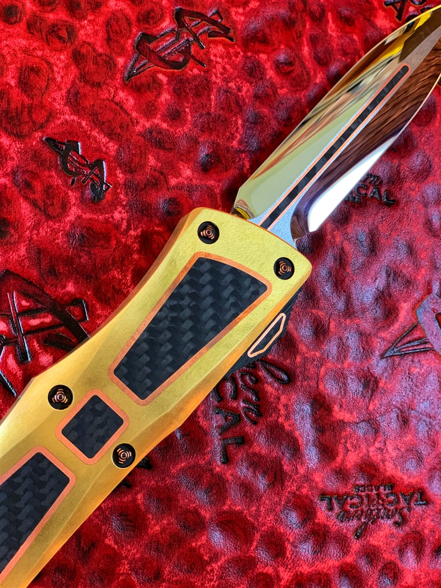 Marfione Custom Knives Combat Troodon Double Edge Mirror Polished w/ Copper Trimmed Carbon Fiber Inlay, Hand Sculpted Brass w/ Matching Inlay, Copper Ringed Hardwar. Serial #003