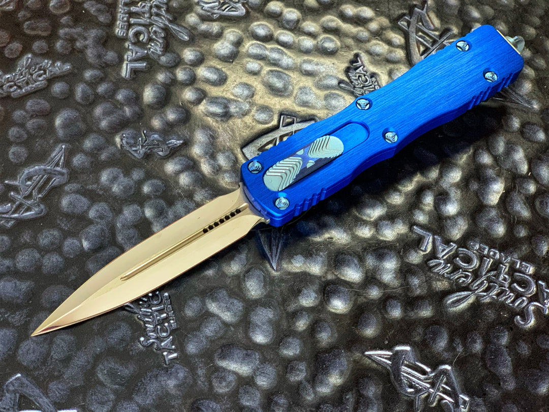Marfione Custom Dirac Double Edge Mirror Polished Blue Anodized Hefted Aluminum Two tone ringed Blue Titanium Accents