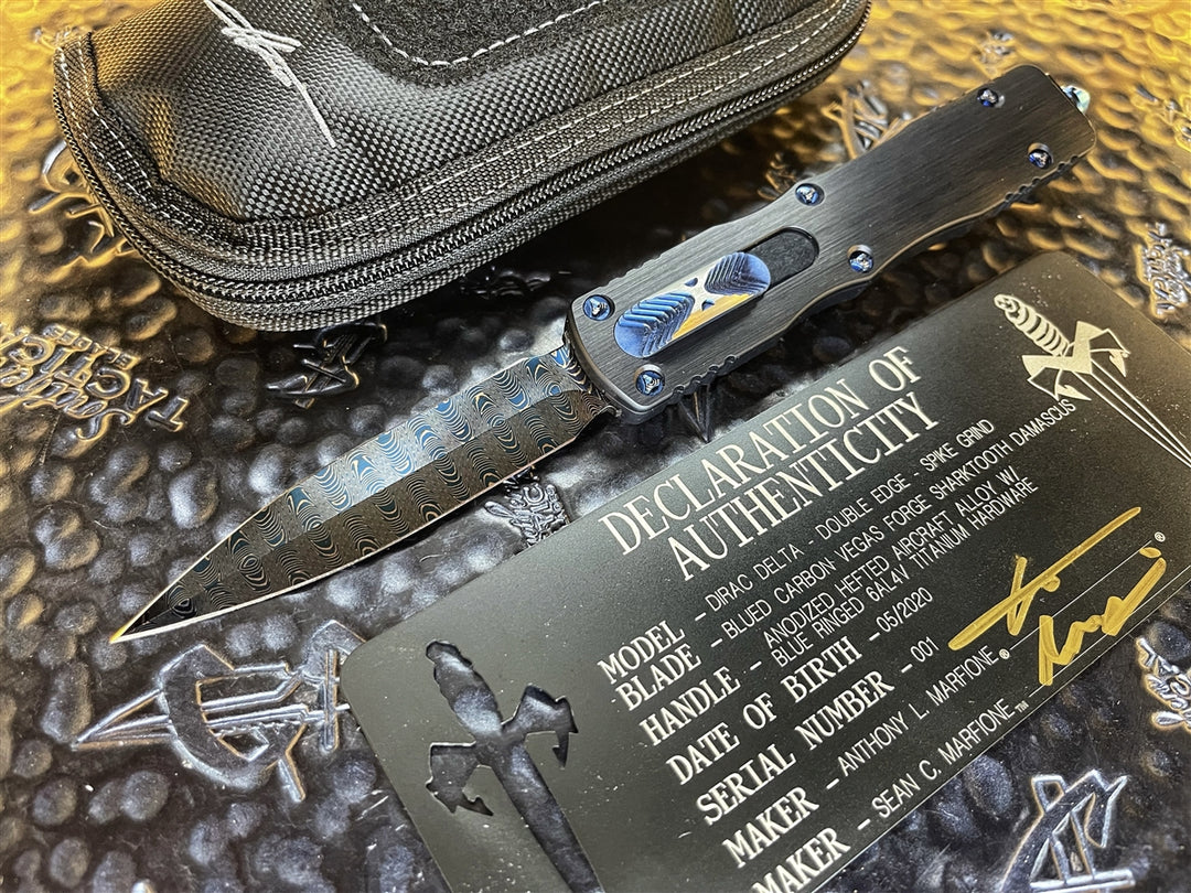Marfione Custom Knives Dirac Delta Double Edge Blued Shark Tooth Damascus Spike Grind, Hefted Aluminum w/ Blue Ringed Titanium Hardware