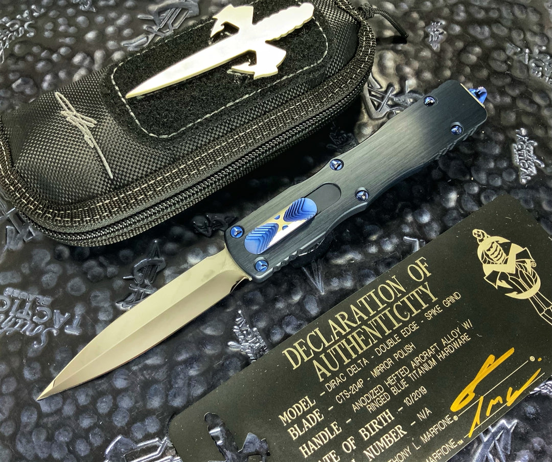 Marfione Custom Knives Dirac Delta Double Edge Mirror Polished Spike Grind, Hefted Aluminum w/ Blue Ringed Titanium Hardware