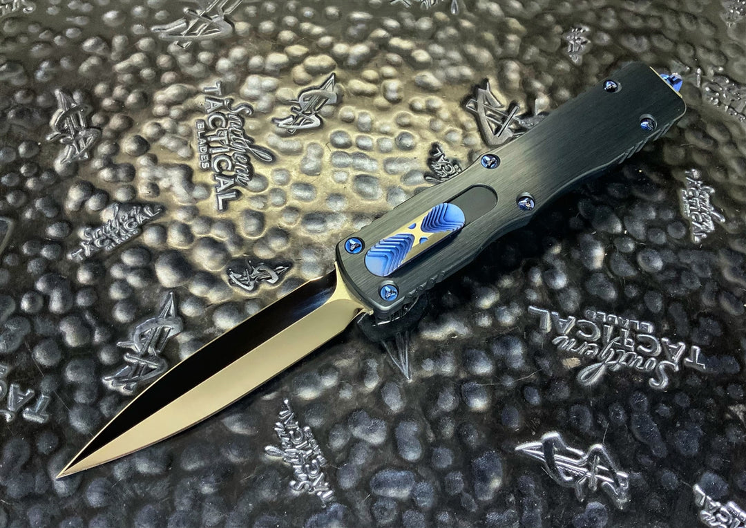 Marfione Custom Knives Dirac Delta Double Edge Mirror Polished Spike Grind, Hefted Aluminum w/ Blue Ringed Titanium Hardware
