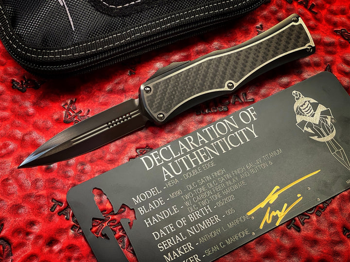 MARFIONE Hera Double Edge DLC Satin Finish, two tone satin Titanium with carbon fiber inlay, Carbon Fiber Button and two tone DLC Accents