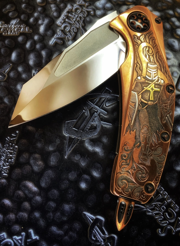 Marfione Custom Matrix, Mirror Polished Elmax, Copper Scales Custom Engraved By Jody Muller, Copper Ringed Accents