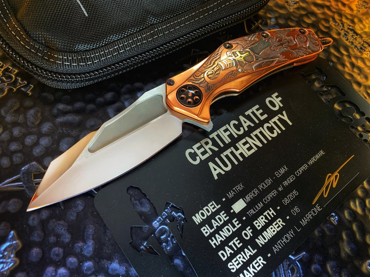Marfione Custom Matrix, Mirror Polished Elmax, Copper Scales Custom Engraved By Jody Muller, Copper Ringed Accents