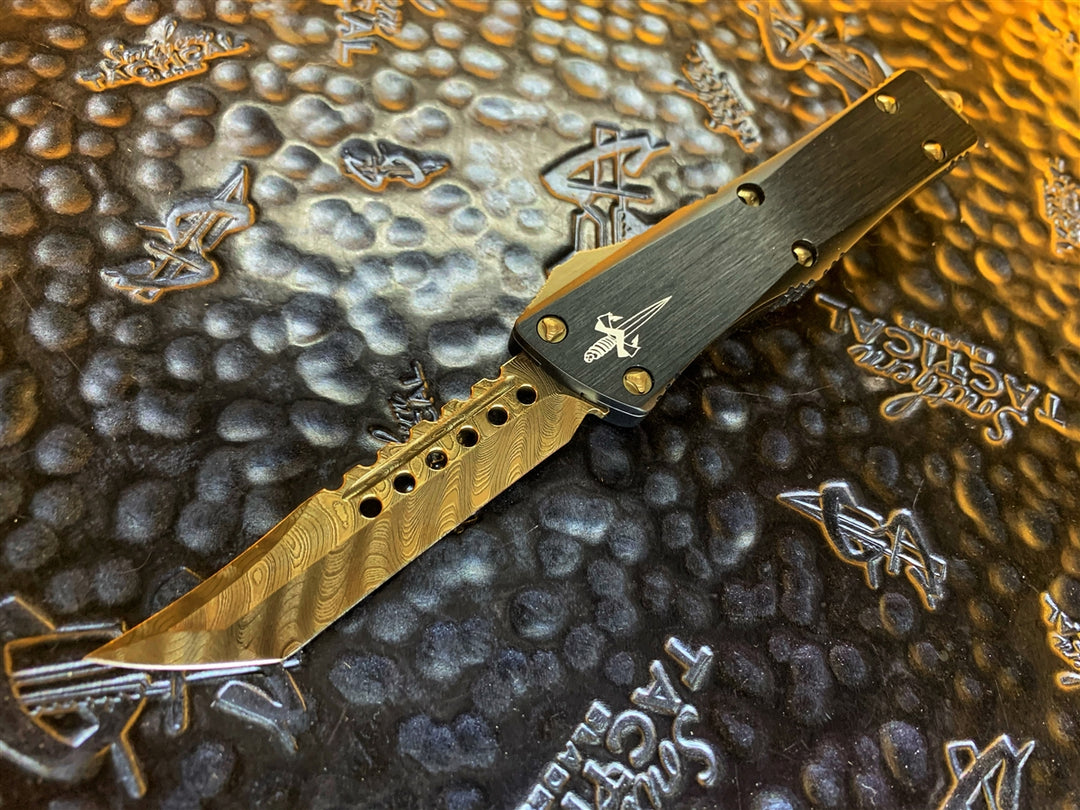 Marfione Custom Troodon Hellhound Tanto, Bronzed Polished Vegas Forge Damascus, Hefted Chassis, Bronze Ringed Titanium Accents