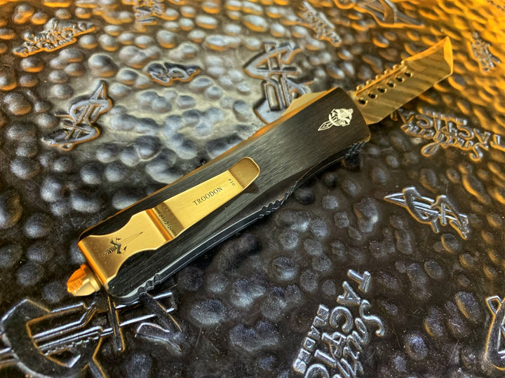 Marfione Custom Troodon Hellhound Tanto, Bronzed Polished Vegas Forge Damascus, Hefted Chassis, Bronze Ringed Titanium Accents