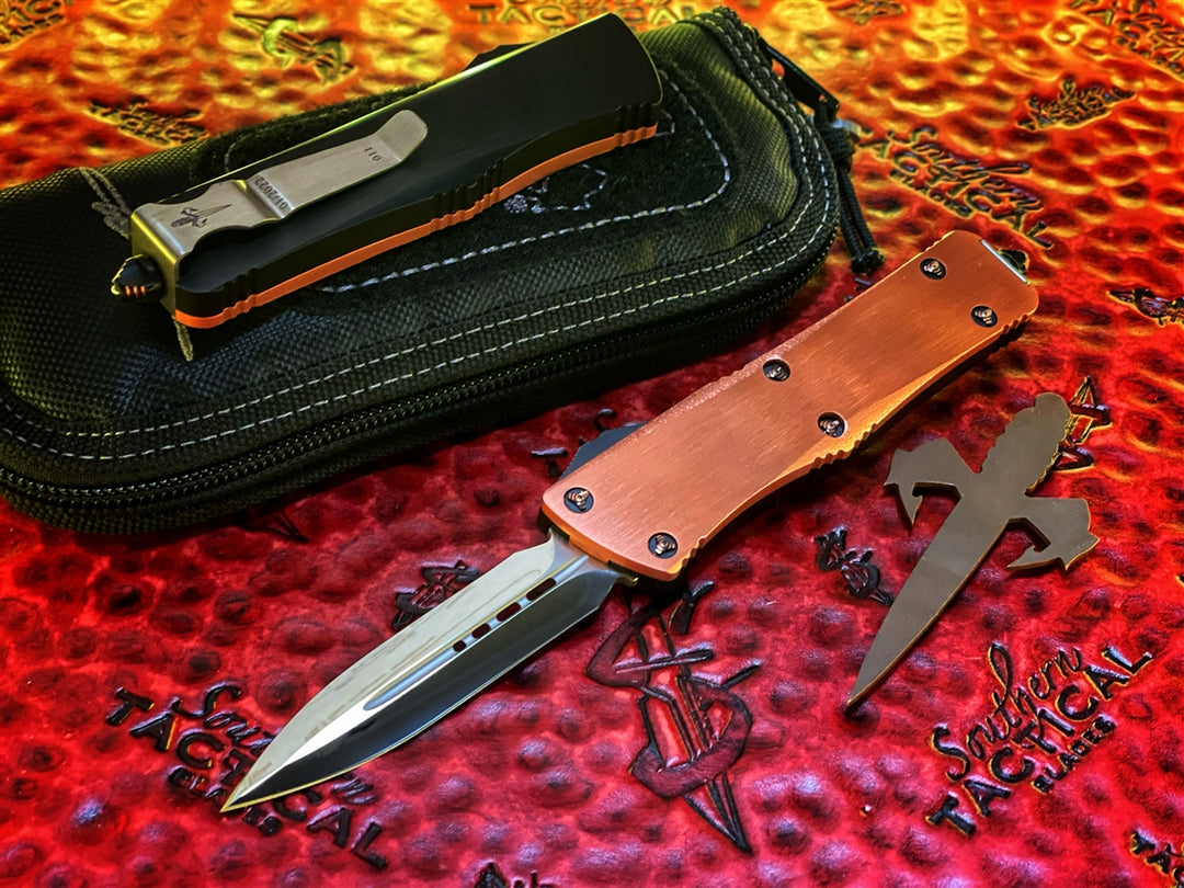 Marfione Custom Knives Troodon Double Edge, Mirror Polished, Satin Finish Copper Top w/ Hefted Chassis, Copper Ringed Accents