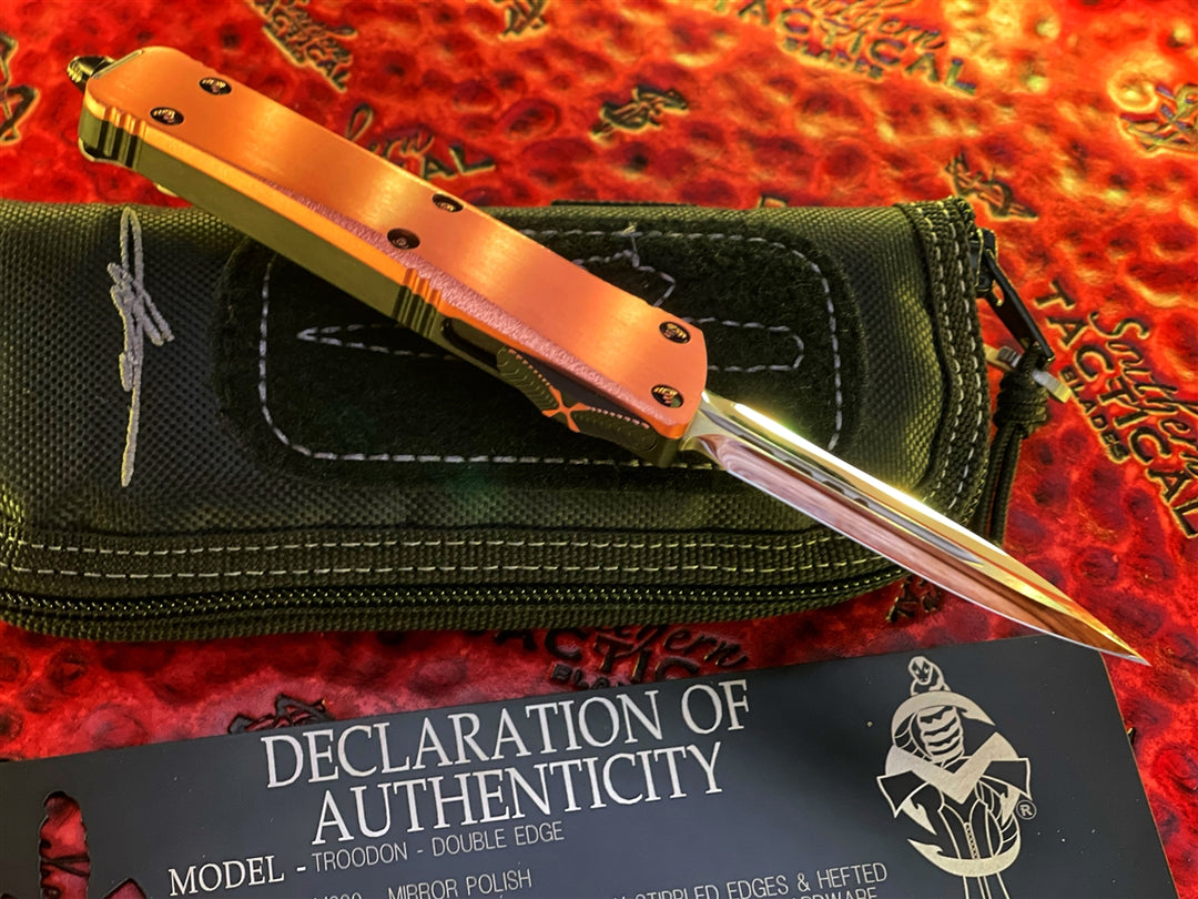 Marfione Custom Knives Troodon Double Edge, Mirror Polished, Satin Finish Copper Top w/ Hefted Chassis, Copper Ringed Accents