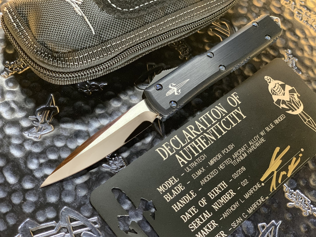 Marfione Custom Ultratech Single Edge, Mirror Polished, Hefted Chassis w/ Blue Ringed Titanium Accents