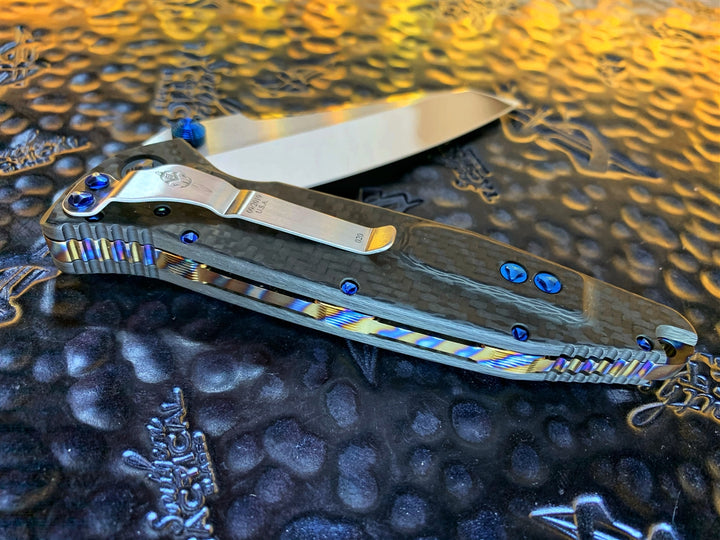 Marfione Custom Socom Elite Warcom, Mirror Polished, Carbon fiber Scales, Blue and flamed Titanium Accents